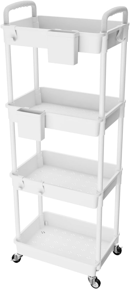 4 Tier Rolling Utility Cart with Handle,REBECAT Utility Cart Made of Multifunctional Storage Organizer Tool for Kitchen,Bathroom,Living Room,Office(White)-NeatNest