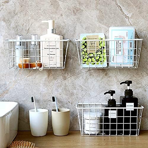 2 Set LeleCAT Hanging Wall Basket Organizer Over the Cabinet Door Adhesive Wire Baskets for Organizing Kitchen Food Pantry Bathroom Shelf Storage No Drilling Wall Mounted,White-NeatNest