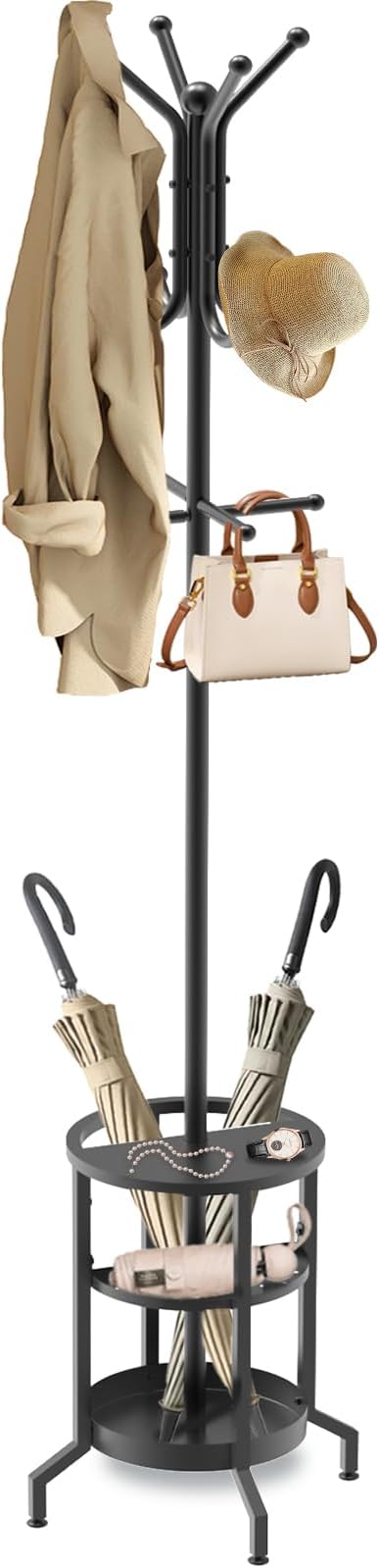 Coat Rack Freestanding, Coat Stand with Umbrella Holder, Metal Coat Tree with 12 Hooks, Coat Hanger Stand for Entryway, Coat Rack Stand for Bedroom, Living Room & Office-NeatNest