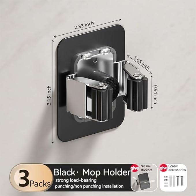 3 Pack Broom Holder Wall Mount & Mop Wall Mount Organizer, No Drilling Self-Adhesive Anti-Slip Grippers for Kitchen Laundry Garden,Black
