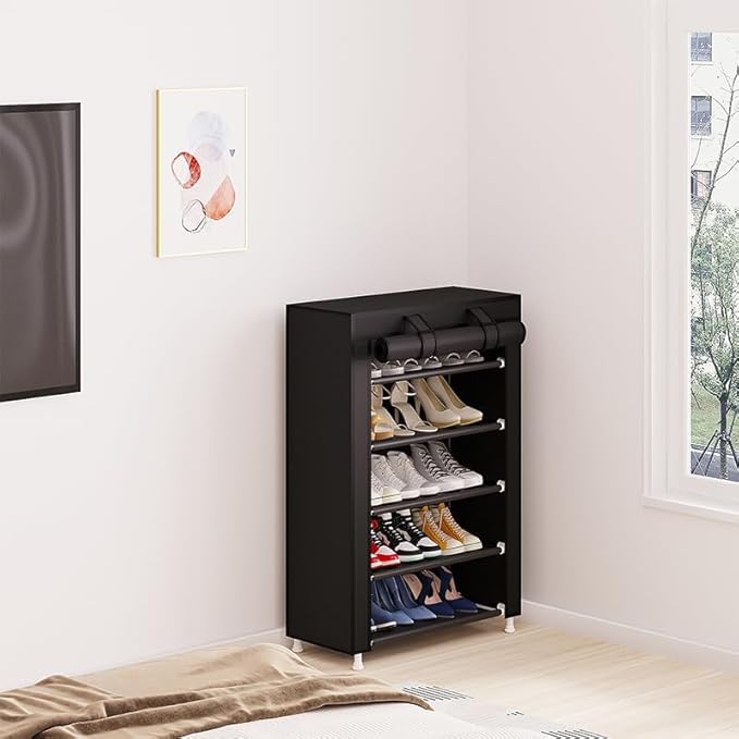 Calmootey 5 Tier Shoe Rack Organizer,Portable Shoe Shelf with Nonwoven Fabric Cover for Closet Hallway,Bedroom,Entryway,Black-NeatNest