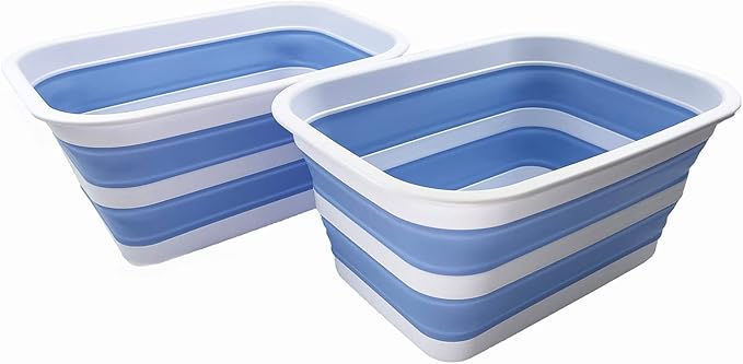 SAMMART 12L (3.17Gallon) Collapsible Tub - Portable Outdoor Picnic Tray - Portable Washing Basin - Space Saving Plastic Washtub (White/Baby Blue (Set of 2))