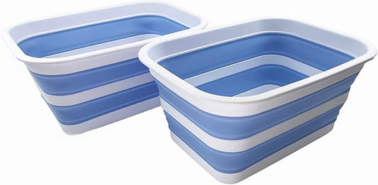 SAMMART 12L (3.17Gallon) Collapsible Tub - Portable Outdoor Picnic Tray - Portable Washing Basin - Space Saving Plastic Washtub (White/Baby Blue (Set of 2))