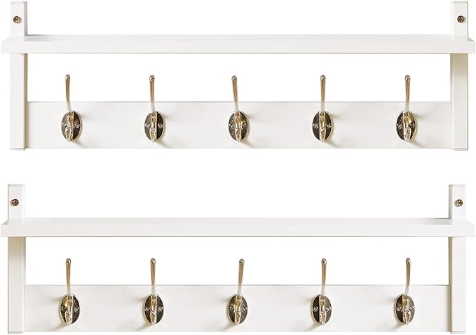 YMYNY Coat Rack Wall Mount with Shelf, 2 Pack 23.6" Coat Hooks Wall Mount, Wall Hooks for Hanging, Coat Hanger Wall Mount, Hat Rack for Wall, Towel Hooks for Bathrooms, White UHWS004W-2-NeatNest