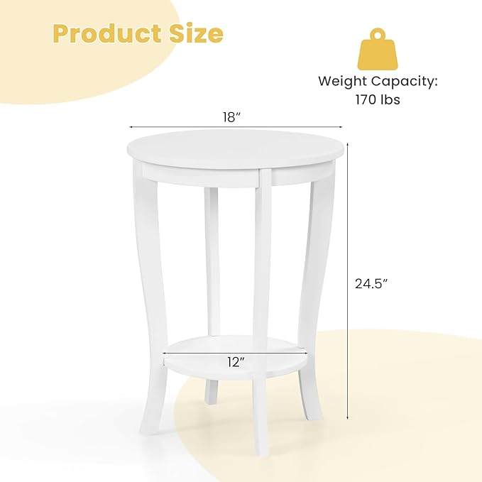 GOFLAME 2-Tier Round End Table, 18” Sofa Side Table with Storage Shelf, Floor Tea Table with Solid Wood Legs, Compact Nightstand for Small Space, Living Room, Bedroom, White