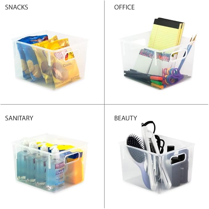 Isaac Jacobs 3-Pack Medium Clear Storage Bins (8.5” L x 7.5” W x 6” H) with Cutout Handles, Plastic Organizer for Home, Office, Kitchen, Fridge/Freezer, Drawers, BPA Free, Food Safe (3-Pack, Medium)