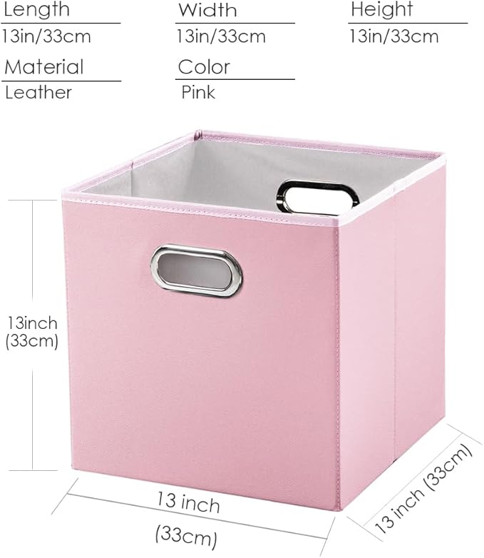 PRANDOM Leather Foldable Cube Storage Bins 13x13 inch [2-Pack] Fabric Storage Baskets Cubes Drawer with Cotton Handles Organizer for Shelves Nursery Closet Bedroom Clothes Pink-NeatNest