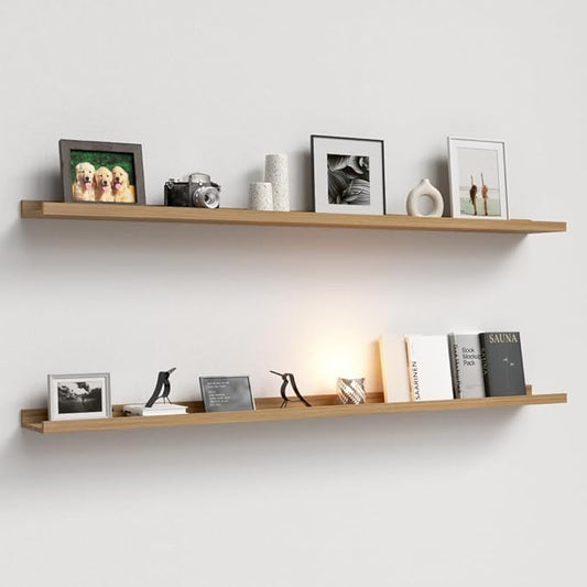 55.1 Inches Long Floating Shelves Wall Mounted, 2 Set Rustic Wall Shelf for Bedroom, Nursery Book Shelf with Lip, Picture Ledge Shelf for Wall Decor Living Room Bathroom Kitchen - Oak-NeatNest