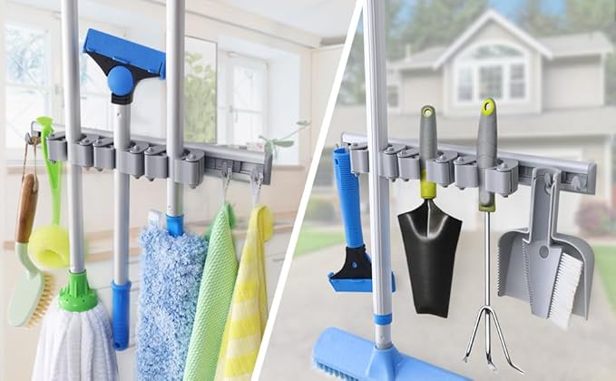 DrDirt Broom Holder Wall Mount, Durable Aluminum Mop and Broom Holder with 3 Sliding Grippers & 4 Hooks, DIY Modular Design, Strong for Home, Courtyard, Bathroom, Garage, Closet-NeatNest