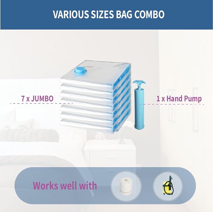 7 Pack Jumbo Space Saver Vacuum Storage Bags for Clothing Travel, Vacuum Seal Compression Bags for Clothes, Packing, Luggage, Blankets, Comforters and Pillows, Hand Pump Included-NeatNest