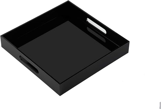 Glossy Black Acrylic Serving Tray - 14x14Inch, Multipurpose, Sturdy, Modern Style, Spill Proof, Countertop Organizer, Vanity Table Tray-NeatNest
