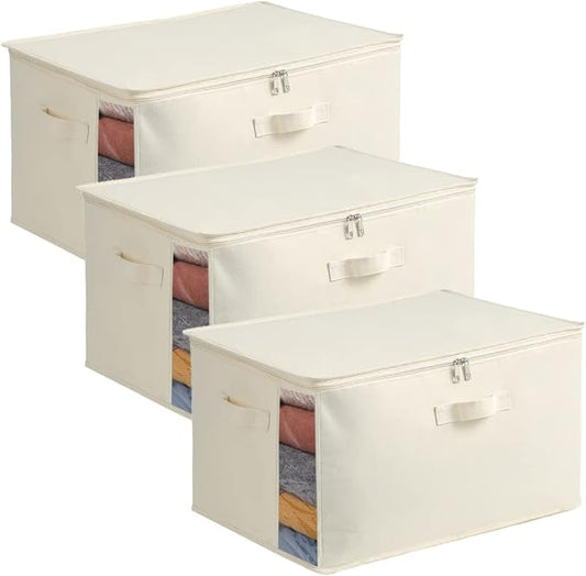 3-Pack Large Canvas Comforter Storage Bags for Clothes Sweater Clothes Organizer with Dual Zipper Three Carrying Handles for Blanket Closet Storage Container-NeatNest