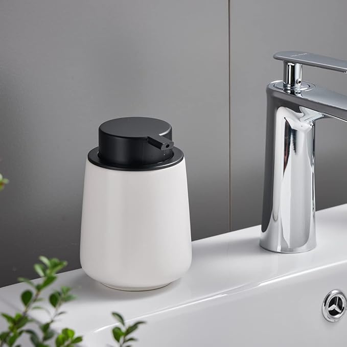 12Oz White Soap Dispenser - Modern Ceramic Lotion Hand Soap Dispenser with Easy-to-Press Black Pump, Reusable and Refillable Liquid Dish Soap Dispensers for Bathroom & Kitchen-NeatNest