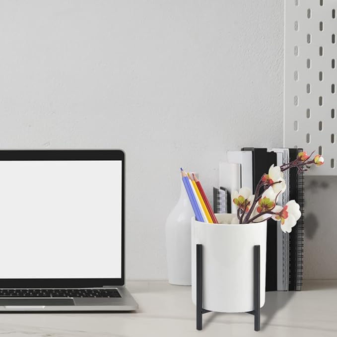 Ceramic Spoon Holder, Silverware Holder For Countertop, Sturdy Cutlery Holder, Gold Utensil Holder for Kitchen Countertop, White Ceramic Cup with Gold Metal Bracket, 1 Pcs-NeatNest