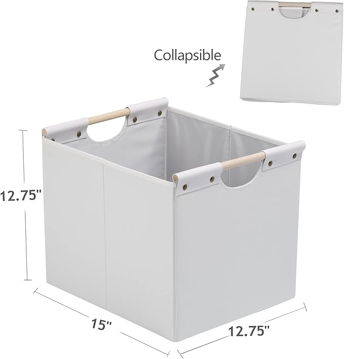 HOONEX Large Collapsible Storage Bins, Linen Fabric, Pack of 2, Storage Baskets with Wooden Carry Handles and Sturdy Heavy Cardboard, for Home, Office, Car, Nursery, White