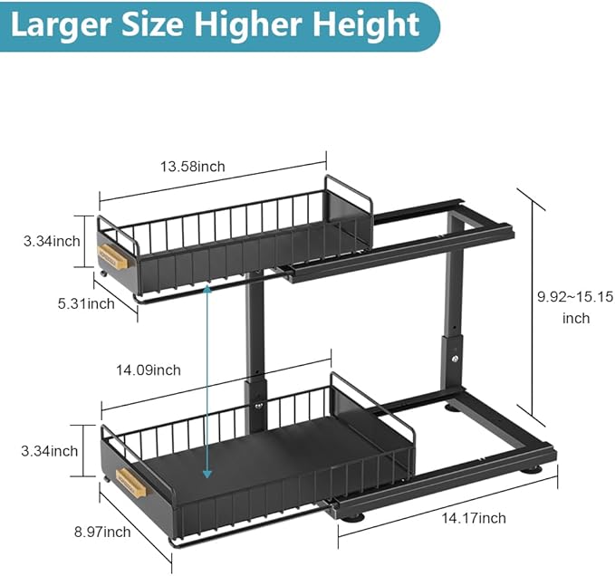 Under Sink Organizer, Pull Out Kitchen Cabinet Organizer, 2-Tier Metal Under Sink Organizers and Storage Height-Adjustable, Kitchen Bathroom Organizers and Storage Shelves, Black-NeatNest