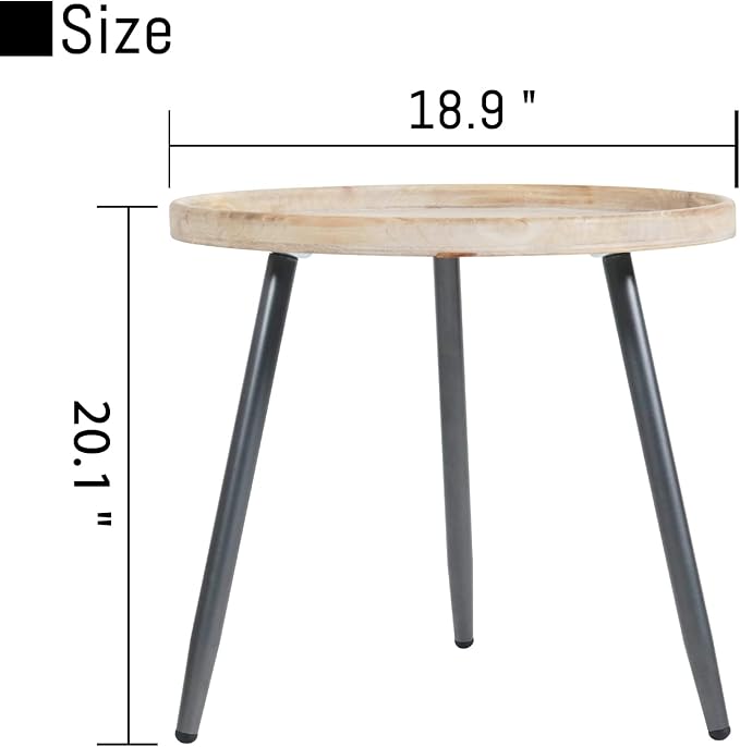 LITA Log Desktop Round Side End Table, Nightstand Tables, Indoor Outdoor Round Side Table, Wooden Tray Table with Black Metal Stand End Table for Living Room Bedroom Office Small Spaces (L)