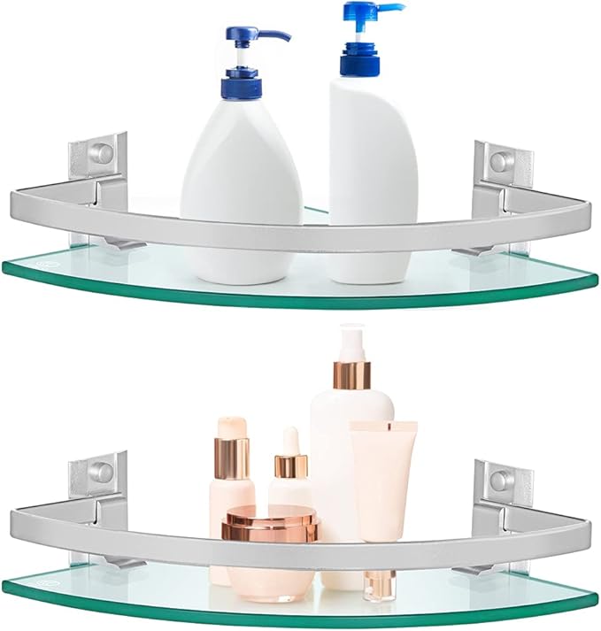 2 Pcs Tempered Glass Corner Shelf with Rail & Brackets, 9.5" x 9.5" Floating Shower Caddy, Wall Mounted Shampoo Holder Organizer for Bathroom, Kitchen, Living Room