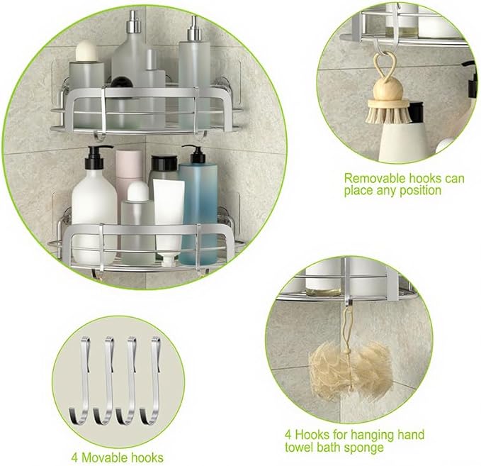 STEUGO 2 Pack Shower Caddy Corner, Bathroom Corner Shower Shelfs, Adhesive Wall Mounted Shower Caddy with 4 Movable Hooks, No Drilling Shower Shelf, Stainless Steel Silver.