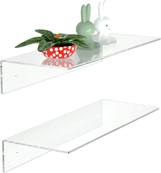 FEMELI 2 PCS 15" Acrylic Floating Shelves, Clear Shelf for Display, Plant, Perfume, Book in Bedroom Living Room Office, 5mm Thick Wall-Mounted Acrylic Shelves for Wall
