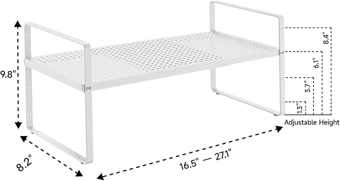 16.5-27’’L Expandable Cabinet Countertop Shelf Organizer, Stackable Metal Shelves, Kitchen Organizers and Storage, White Storage Spice Rack for Pantry and Cupboard-NeatNest