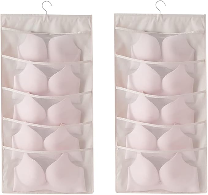 Enlarged Closet Hanging Bra Organizer with Rotating Metal Hanger, Dual Sided Wall Shelf Wardrobe Mesh Pockets Hanging Storage Bag for Bra Socks Underwear Underpants-NeatNest