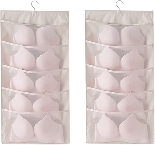 Enlarged Closet Hanging Bra Organizer with Rotating Metal Hanger, Dual Sided Wall Shelf Wardrobe Mesh Pockets Hanging Storage Bag for Bra Socks Underwear Underpants-NeatNest