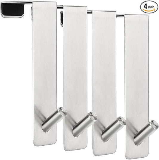 Over The Door Hooks (4 Pack) - Wide 1-3/4" Fit Thick Door, Extended to 7" - Heavy Duty Stainless Steel Brushed Nickel Door Hanger Holds Up to 50Lbs - Single Door Hooks for Office, Bedroom - Silver