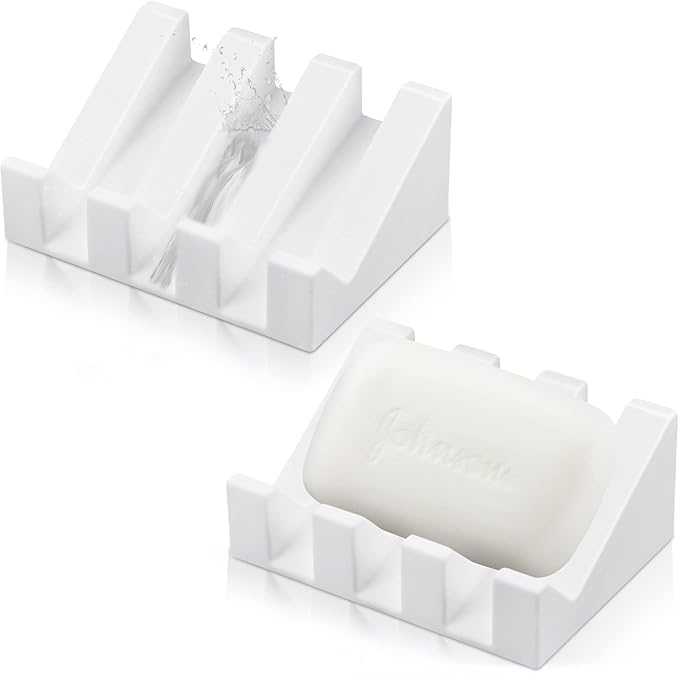 Cunhill 2 Pieces Silicone Soap Dish Self Draining Soap Dish Shower Waterfall Bar Soap Holder Tray with Drain Soap Saver for Kitchen Bathroom Accessories (Bright White)-NeatNest