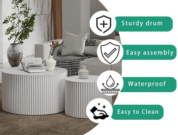 Round Nesting Coffee Table Set 2 Piece, Drum Modern DrumStackable Side Table for Living Room/Bedroom Small, Space-Saving Accent Furniture with Scratch-Resistant Design (B White 27.56 in)