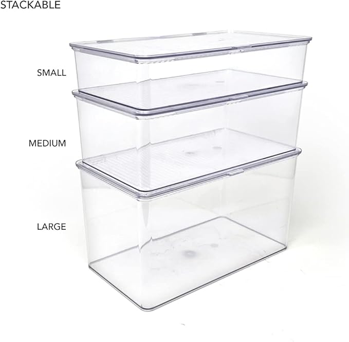 Isaac Jacobs Large Stackable Organizer Bin (10.75” x 6.5” x 6.1”) w Hinged Lid Clear Storage Box Home Office School Fridge Bathroom Kitchen Pantry Container BPAFree Food Safe (Large Clear)
