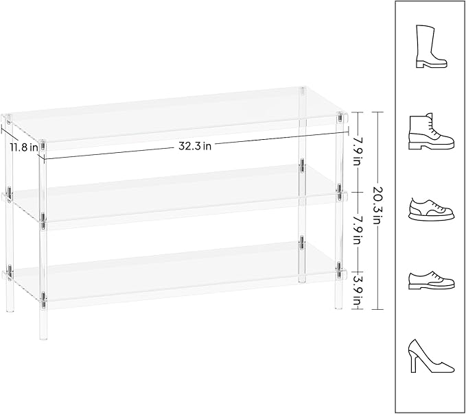 Aquiver 3-Tier Acrylic Shoe Rack - Modern Shoe Rack for Closet - Shoe Storage Organizer for Entryway, Bedroom, Living Room - 32.3'' L x 11.8'' W x 20.3'' H, Holds 12-16 Pairs of Shoes, Easy to Clean