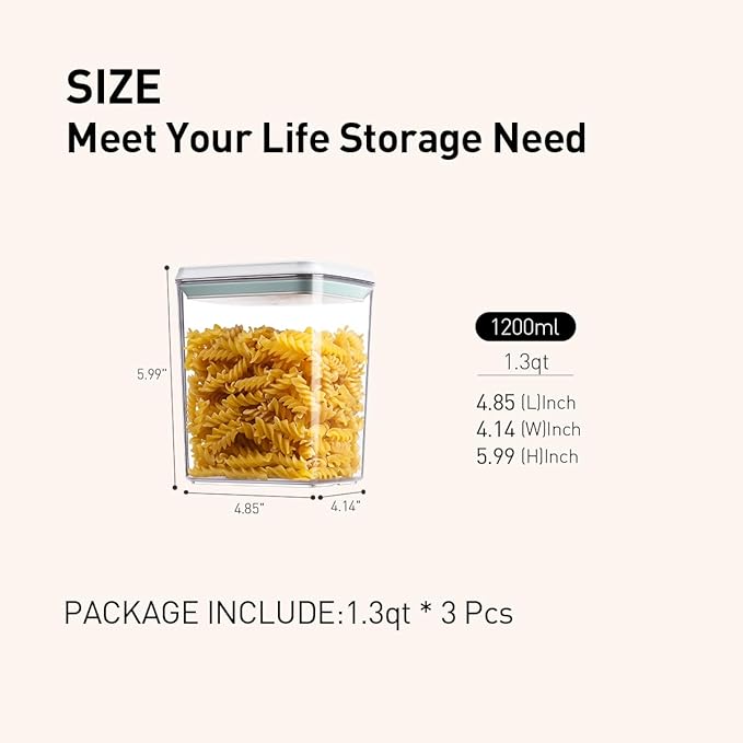 Airtight Food Storage Containers,1.3Qt 3Pcs Pop Food Containers with Lids, Stackable One Button Opening Kitchen Pantry Organizers and Storage, BPA-Free Food Containers Set for Snacks Candy Spices-NeatNest