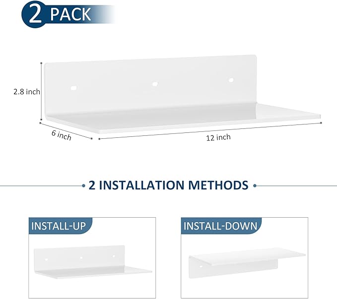 12 Inches Acrylic Wall Shelves 2 Pack, Floating Shelf for Wall Mounting, Acrylic Display Ledges for Funko Pop Figures, Home Décor, Living Room, Gaming Room, Plants(12 inch, White)-NeatNest