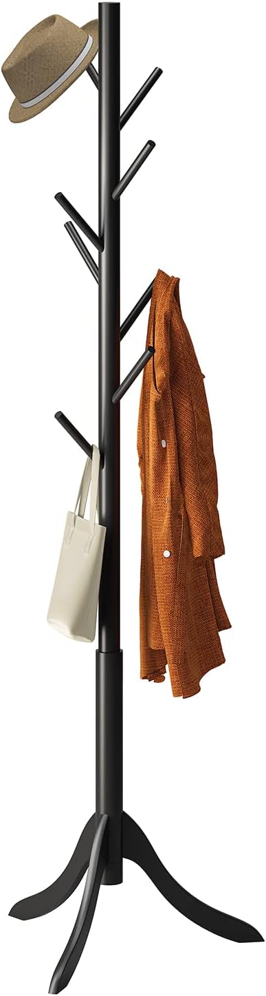 Coat Rack Freestanding, Coat Stands Entryway, Bamboo Coat Rack Hat Hanger 8 Hook for Jacket, Purse, Scarf Rack, Umbrella Tree Stand (Black)-NeatNest
