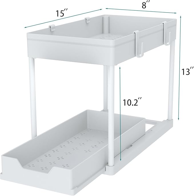 Cabinet, 2 Pack Under Sink Organizer, 2 Tier Sliding Bathroom Kitchen Organizer, Large White ABS Baskets, Easy Install & Clean-NeatNest