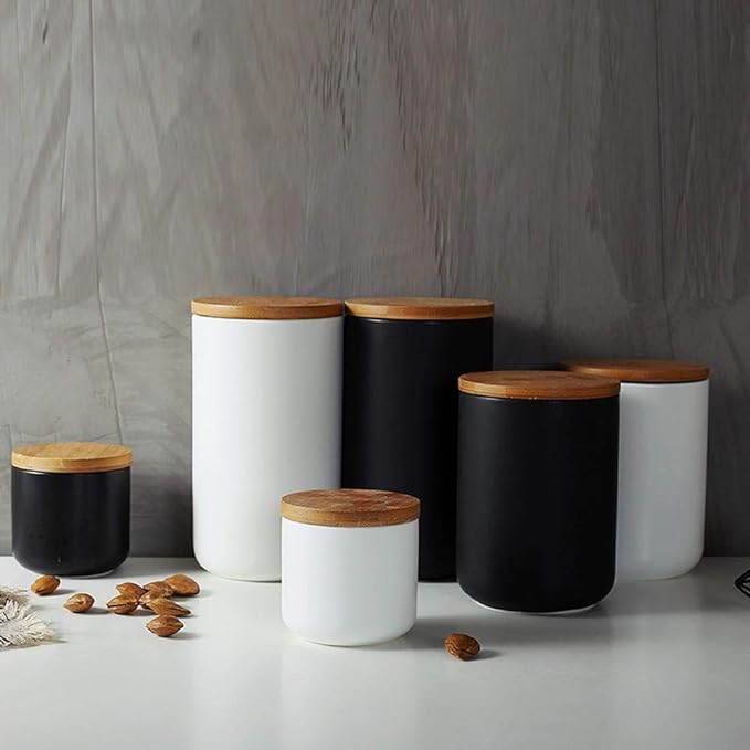 Ceramic Food Storage Jar Canister Modern Design Food Canisters with Airtight Seal Bamboo Lid, Loose Tea Coffee Spice Nuts Snacks Storage Jar Canister (Black 8.79oz/260ml)-NeatNest