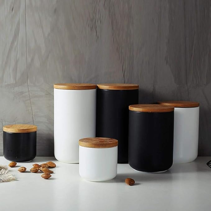 jessie Ceramic Storage Containers with Airtight Seal Bamboo Lids Kitchen Canisters for Tea Spice Seasoning Sugar Coffee (white, 260ml/9 oz)