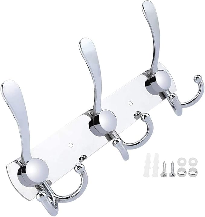 Coat Rack Wall Mounted,3 Tri Stainless Steel Coat Hook for Coat Hat Robes Towel in Mudroom Entryway (Sliver, 2 Pack 3 Hook)-NeatNest
