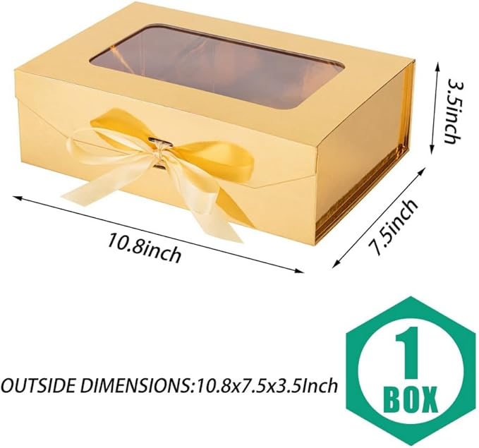 Gold Gift Box for Presents with Ribbon 10.8x7.5x3.5 Inches Clear Gift Box with Window Magnetic Closure Gift Boxes with Lids-NeatNest