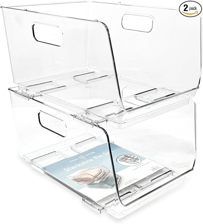 Isaac Jacobs 2-Piece (11.9" x 8.6" x 6.1") Large Deep Stackable Clear Storage Bins w/Open Front, Versatile Use, Set of 2, Desk, Office, Bathroom, Bedroom, Closet