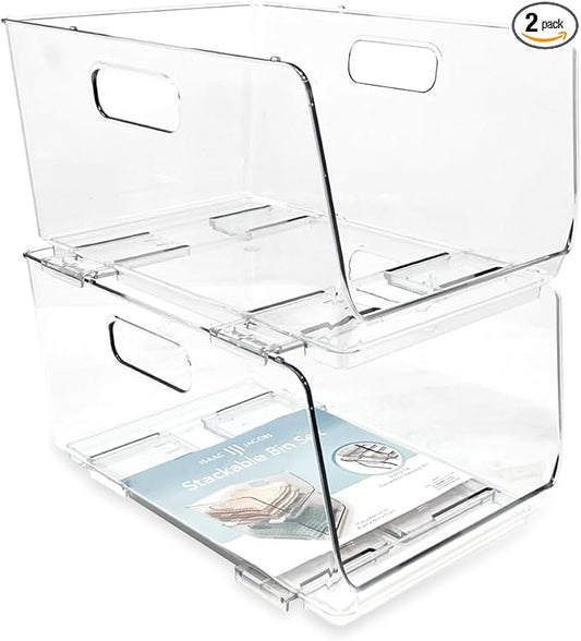 Isaac Jacobs 2-Piece (11.9" x 8.6" x 6.1") Large Deep Stackable Clear Storage Bins w/Open Front, Versatile Use, Set of 2, Desk, Office, Bathroom, Bedroom, Closet