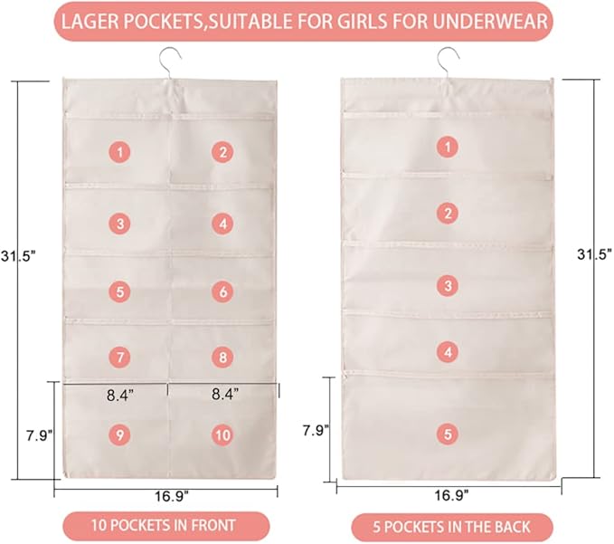 Enlarged Closet Hanging Bra Organizer with Rotating Metal Hanger, Dual Sided Wall Shelf Wardrobe Mesh Pockets Hanging Storage Bag for Bra Socks Underwear Underpants-NeatNest