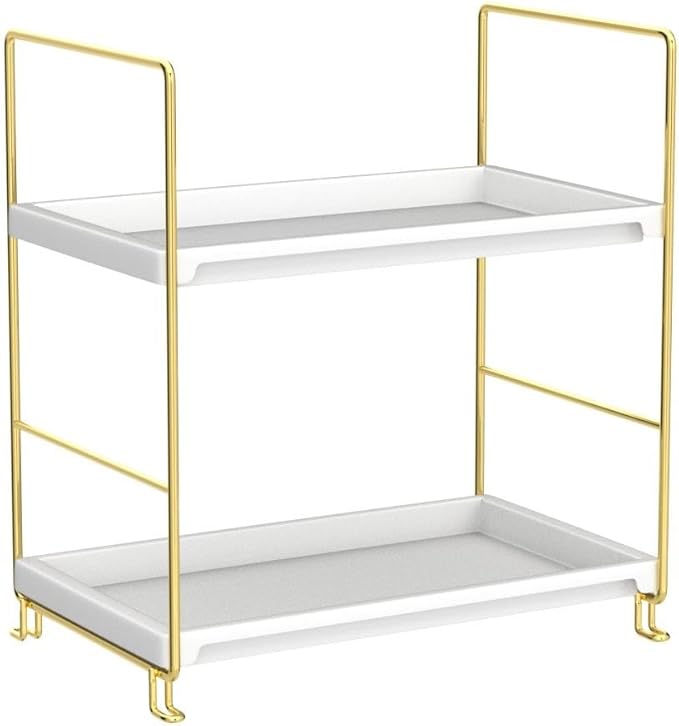 FSyueyun 2-Tier Bathroom Countertop Organizer, Tool-Less Installation Premium Plastics Makeup Shelf Organizer Perfume Skincare for Dresser Vanity Tray Organizers and Storage (Gold)-NeatNest