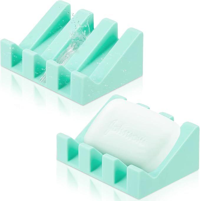 Cunhill 2 Pieces Silicone Soap Dish Self Draining Soap Dish Shower Waterfall Bar Soap Holder Tray with Drain Soap Saver for Kitchen Bathroom Accessories (Turquoise)-NeatNest