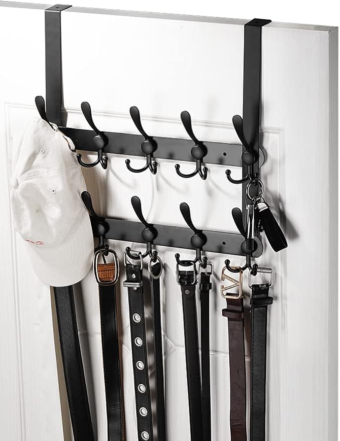 Over The Door Tri Hook Door Hanger, Belt Organizer Rack, 30 Coat Hooks, 2-Tier Holds Over 60 Belts, Heavy Duty Metal Towel Hanger with Triple-Hook Design, Over Door Coat Towel Rack, Back of Bathroom.