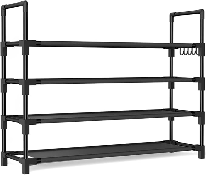 4 Tier Shoe Rack, Shoe Organizer Storage for 16-20 Pair Boot and Sneaker, Stackable Free Standing Shoe Shelf with Hooks and Side Pocket, Space Saving Shoes Rack for Closet, Entryway-NeatNest