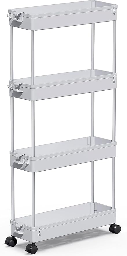 SPACEKEEPER Slim Rolling Storage Cart 4 Tier Bathroom Organizer Mobile Shelving Unit Storage Rolling Utility Cart Tower Rack for Kitchen Bathroom Laundry Narrow Places, Gray