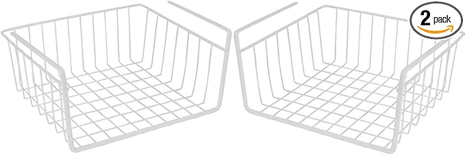 Under Shelf Wire Storage Baskets – Hanging Organizer Rack for Cabinet, Pantry, or Closet – White Metal Basket for Kitchen, Towels, or Office – No Tools Required (Set of 2 11")-NeatNest