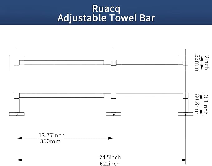 RUACQ Adjustable Towel Bar 13.8 to 24 inch,Square Base Single Towel Racks for Bathroom,Stainless Steel Towel Holder Wall Mounted,Sturdy and Rustproof(Brushed Nickel)